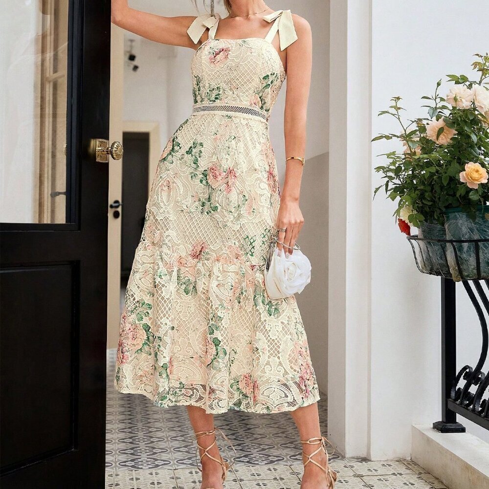 Multicolor Elegant Women's Lace Print Spaghetti Strap Dress
